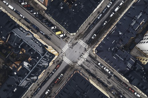 Shot from above of street crossing with cars