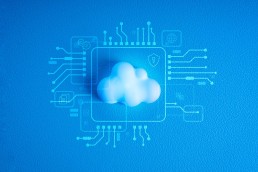 Modern white small cloud with digital tools management icons and circuit graphic on blue background