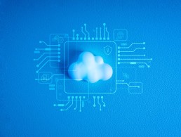 Modern white small cloud with digital tools management icons and circuit graphic on blue background